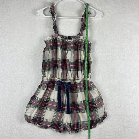 Aerie Romper Womens Medium Multicolor Green Red Flannel Plaid Ruffle Strap - Picture 8 of 11